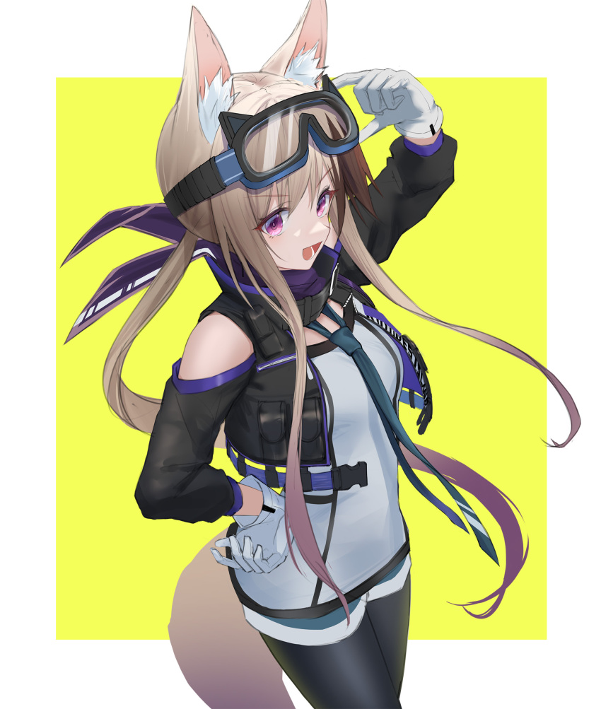 1girl :d animal_ear_fluff animal_ears arknights arm_up black_jacket black_legwear blue_shorts border breasts brown_hair cardigan_(arknights) cowboy_shot cropped_jacket dog_ears dog_girl dog_tail eyebrows_visible_through_hair gloves goggles goggles_on_head hand_on_eyewear hand_on_hip highres jacket legwear_under_shorts light_brown_hair long_hair long_sleeves low_ponytail medium_breasts multicolored_hair open_clothes open_jacket open_mouth outside_border pantyhose purple_eyes shirt short_shorts shorts sidelocks simple_background smile solo sthk streaked_hair tail two-tone_hair v-shaped_eyebrows white_border white_gloves white_shirt yellow_background