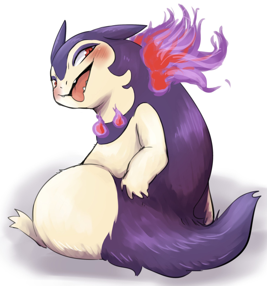 ambiguous_gender blush colored_fire doneru fire flaming_hair flaming_mane fur hi_res hisuian_typhlosion looking_back narrowed_eyes nintendo open_mouth pok&eacute;mon pok&eacute;mon_(species) pokemon_legends_arceus pseudo_hair pseudo_mane purple_body purple_fire purple_fur regional_form_(pok&eacute;mon) simple_background sitting slightly_chubby solo tongue tongue_out video_games