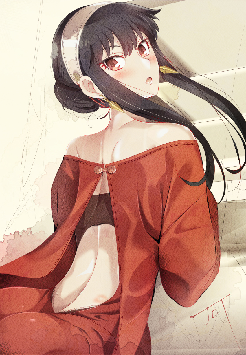 1girl :o absurdres ass back back_cutout black_bra black_hair blush bra clothing_cutout earrings hairband highres jet_yowatari jewelry long_sleeves looking_at_viewer looking_back off-shoulder_sweater off_shoulder open_mouth red_eyes red_sweater sidelocks spy_x_family sweater underwear yor_briar