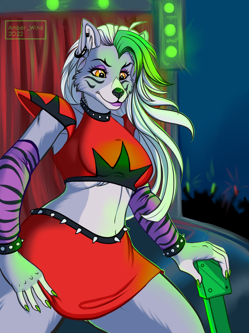 2022 amber_wind anthro bottomwear bracelet canid canine canis claws clothing digital_media_(artwork) ear_piercing female five_nights_at_freddy's five_nights_at_freddy's:_security_breach fur green_claws green_hair grey_body grey_fur hair hi_res jewelry keyboard_instrument keytar makeup mammal musical_instrument piercing red_bottomwear red_clothing red_crop_top red_skirt roxanne_wolf_(fnaf) scottgames skirt solo stage video_games white_body white_fur wolf yellow_eyes