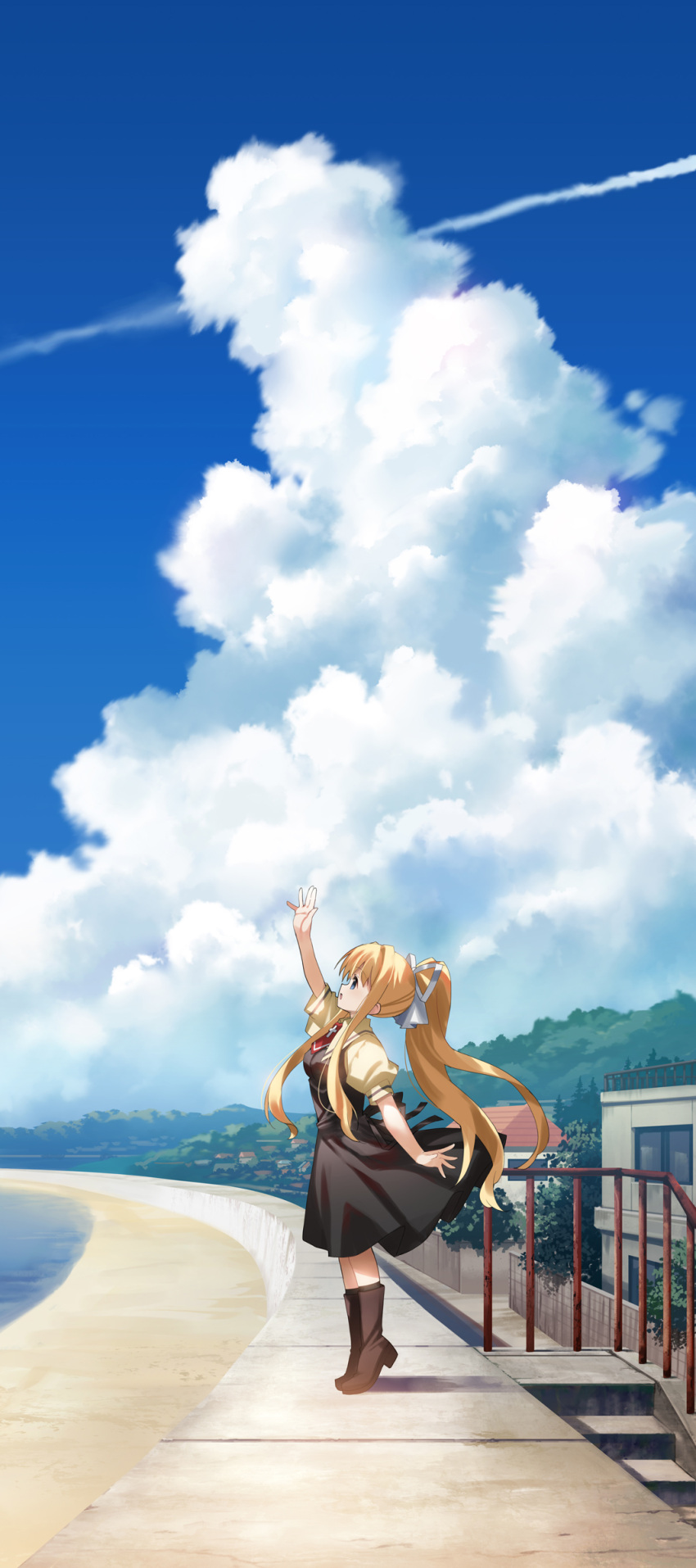 1girl :d absurdres air arm_up bangs beach black_dress black_legwear blonde_hair blue_eyes blue_sky brown_footwear brown_shirt building cloud cloudy_sky contrail day dress eyebrows_visible_through_hair hair_ribbon highres kamio_misuzu long_hair meito_(maze) outdoors ponytail profile puffy_short_sleeves puffy_sleeves railing ribbon rust sand shirt short_sleeves sky smile socks solo stairs standing stone_stairs tiptoes very_long_hair water white_ribbon window