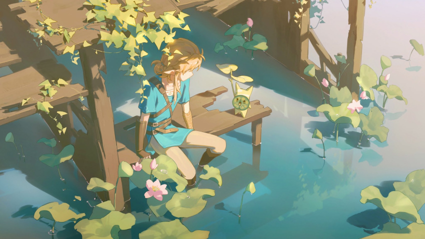 1boy arm_guards blonde_hair blue_tunic boots dock fingerless_gloves flower gloves hair_between_eyes highres korok leaf libuqilai link low_ponytail mask medium_hair outdoors partially_submerged pink_flower pointy_ears short_sleeves sidelocks sitting the_legend_of_zelda the_legend_of_zelda:_breath_of_the_wild water