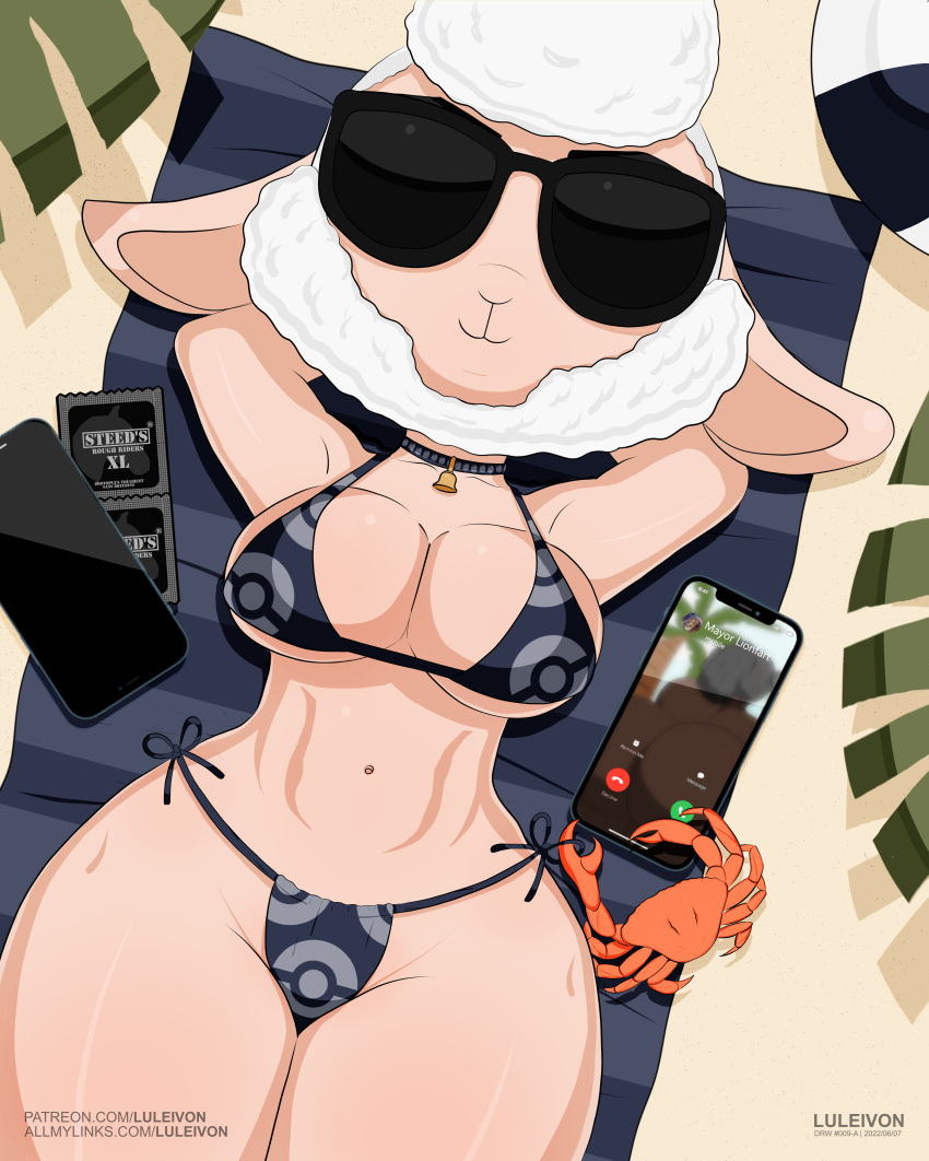 :3 absurd_res anthro apple_inc. arthropod ball beach beach_ball bell bell_collar bikini bikini_bottom bikini_top black_bikini black_clothing black_swimwear black_towel bovid breasts caprine cellphone cleavage clothed clothing collar condom crab crustacean dawn_bellwether decapoda disney duo eyewear felid female fur hi_res inflatable iphone leodore_lionheart lion luleivon lying malacostracan mammal marine on_back on_towel palm_tree pantherine phone pink_body pink_skin plant sand seaside sexual_barrier_device shaved sheep signature skimpy smartphone solo_focus summer sunglasses swimwear text towel tree url white_body white_fur white_wool wool_(fur) wrapped_condom zootopia