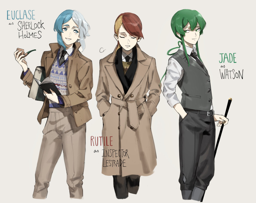 3others androgynous bangs blonde_hair blue_eyes blue_hair book closed_eyes coat collared_shirt cosplay detective dress_shirt euclase_(houseki_no_kuni) formal green_hair grey_hair hair_between_eyes hair_rings hand_in_pocket highres holding holding_book houseki_no_kuni jade_(houseki_no_kuni) looking_at_another multicolored_hair multiple_others necktie pale_skin parody parted_bangs red_hair roru_(lol_dessin) rutile_(houseki_no_kuni) sherlock_holmes sherlock_holmes_(cosplay) shirt short_hair sidelocks smile smoking_pipe suit sweater_vest swept_bangs vest