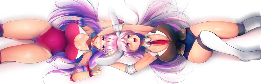 2girls alternate_costume animal_ears bangs blue_leotard blunt_bangs breasts choke_hold crescent crescent_hair_ornament crescent_hat_ornament elbow_pads hair_ornament hat_ornament headlock knee_pads large_breasts leotard light_purple_hair long_hair lying multiple_girls necktie niwatori_(eck16614) patchouli_knowledge pink_leotard purple_eyes purple_hair red_eyes red_necktie reisen_udongein_inaba strangling submission_hold touhou touhou_tag_dream very_long_hair vest wrestling wrestling_outfit