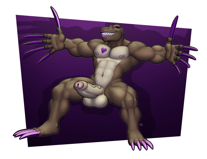2016 5_fingers anthro balls biped brown_body claws digital_media_(artwork) fingers full-length_portrait genitals girly long_claws long_nails longblueclaw looking_at_viewer makeup male pawpads paws penis portrait reptile scalie simple_background sitting smile solo tan_body vein