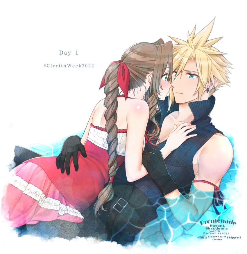 1boy 1girl aerith_gainsborough arm_around_waist arm_ribbon bare_arms bare_shoulders black_gloves black_pants blonde_hair blue_eyes blue_shirt blush braid braided_ponytail breasts cloud_strife couple curly_hair dress earrings final_fantasy final_fantasy_vii final_fantasy_vii_advent_children frilled_dress frills girl_on_top gloves green_eyes hair_ribbon hand_on_another's_chest high_collar highres holding_another's_wrist imminent_kiss jewelry kingdom_hearts kingdom_hearts_ii krudears long_hair lying_on_person medium_breasts official_alternate_costume open_collar pants partially_submerged pink_dress ribbon shirt sidelocks single_earring sleeveless sleeveless_shirt spiked_hair upper_body