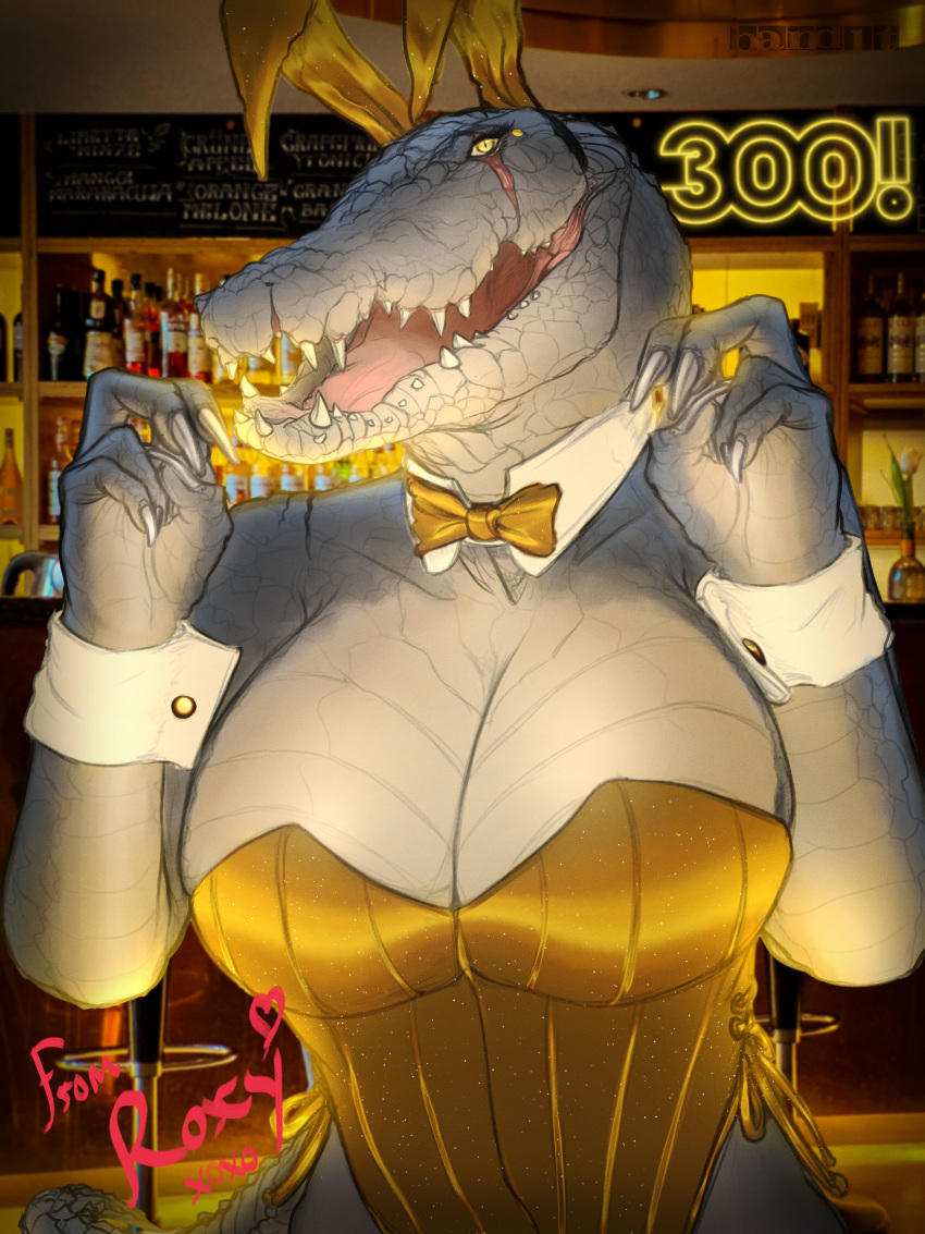 absurd_res alligator alligatorid anthro band1tnsfw big_breasts bow_tie breasts bunny_costume clothing collar costume crocodile crocodilian crocodylid cuff_(restraint) digital_drawing_(artwork) digital_media_(artwork) english_text eye_scar facial_scar fake_ears fake_rabbit_ears female handwritten_text hi_res portrait raised_arm reptile restraints scalie scar smile smiling_at_viewer solo text thick_thighs wrist_cuffs