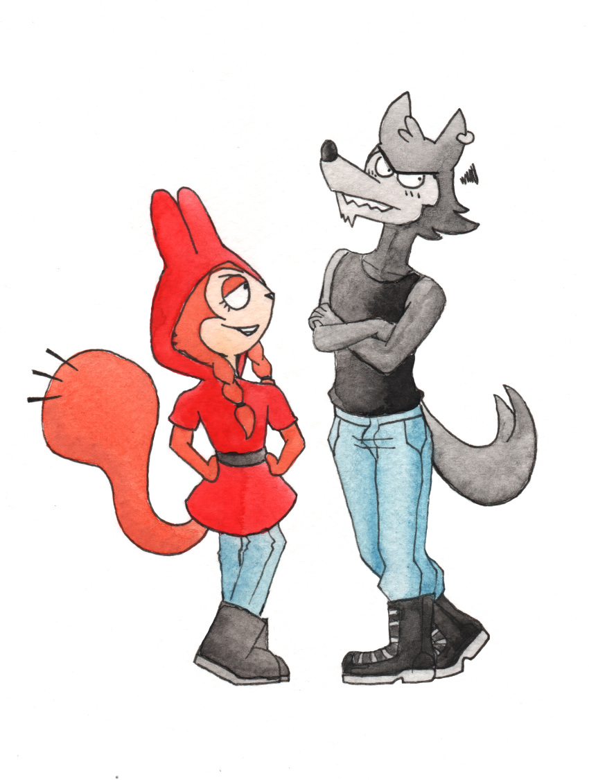 absurd_res anthro boots bottomwear braided_hair canid canine canis clothing crossed_arms denim denim_clothing duo ear_piercing ear_ring efradraws fairy_tales fangs female footwear hair hi_res jeans little_red_riding_hood_(copyright) male male/female mammal pants piercing relationship rodent romantic romantic_couple rude_riding_hood_(fox-pop) sciurid smug tail_tuft tank teeth teeth_showing tuft vehicle wolf