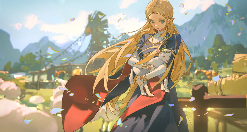 1girl animal bangs blonde_hair blue_dress blue_eyes breasts dress falling_petals farm fence gem hay_bale head_wreath high_collar highres holding holding_animal lamb libuqilai long_hair long_sleeves medium_breasts mountain outdoors parted_bangs petals pointy_ears princess_zelda sheep shirt sidelocks solo the_legend_of_zelda the_legend_of_zelda:_breath_of_the_wild white_shirt wide_sleeves windmill yellow_eyes