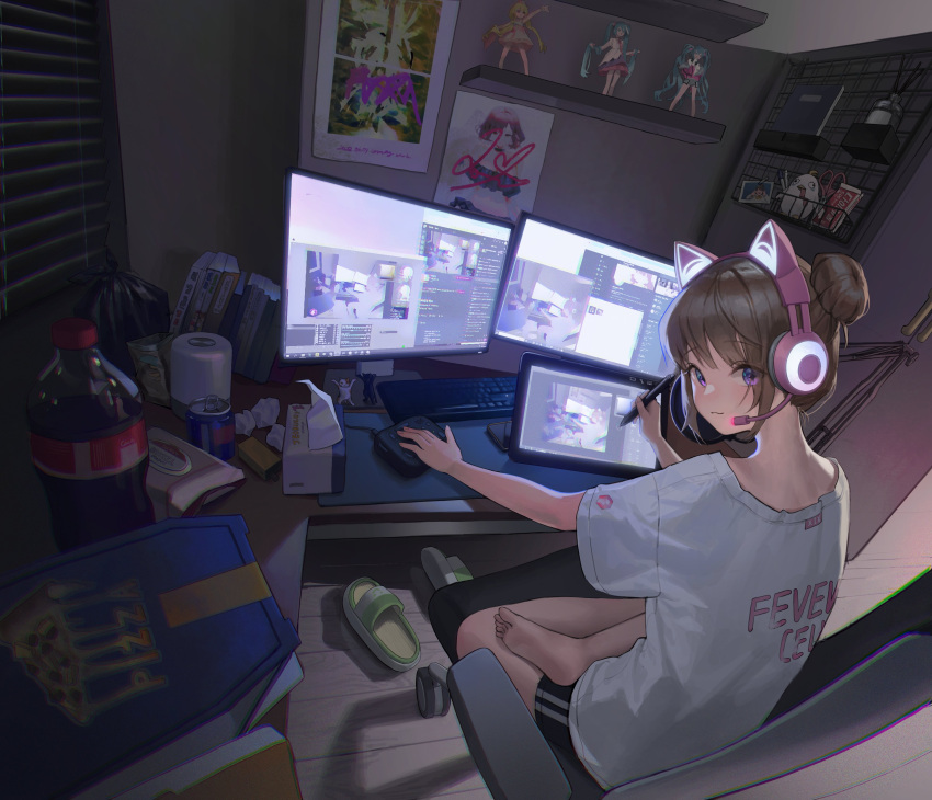 1girl :3 absurdres action_figure bangs black_shorts blinders brown_hair can cat_ear_headphones chromatic_aberration closed_mouth coca-cola commentary computer drawing_tablet from_behind hair_bun hatsune_miku headphones headset highres higuchi_madoka holding holding_stylus indian_style indoors keyboard_(computer) looking_at_viewer looking_back manga_(object) monitor notebook purple_eyes scissors shadow shelf shirt shorts sitting smile soda_can solo stylus symbol-shaped_pupils tissue_box tourbox trash_bag white_shirt wooden_floor xi_xeong