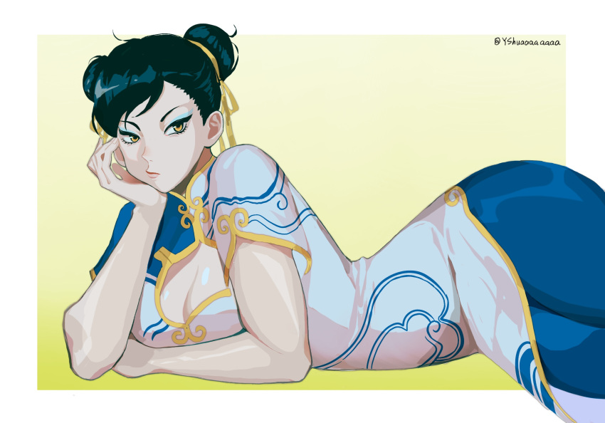 1girl black_hair bracelet breasts brown_hair china_dress chinese_clothes chun-li double_bun dress earrings hair_bun highres jewelry looking_at_viewer muscular pants short_hair simple_background solo street_fighter street_fighter_6 thick_thighs thighs yshua