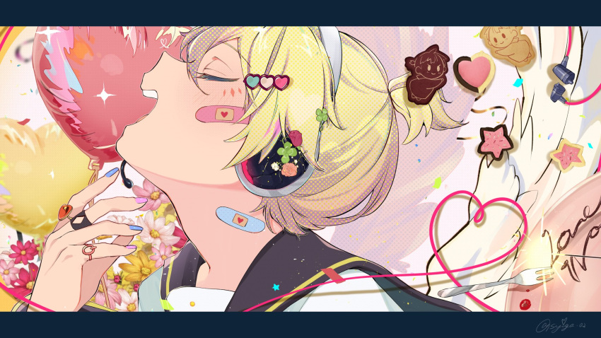 1boy adam's_apple ai_kotoba_iv_(vocaloid) android_girl_(vocaloid) angel_and_devil artist_name balloon bandaid bandaid_on_cheek bandaid_on_face bandaid_on_neck blonde_hair blue_nails blurry brown_cookie character_cookie chocolate_syrup closed_eyes clover cookie depth_of_field derivative_work earphones earphones_removed facial_mark feathered_wings flower food food_writing fork four-leaf_clover hair_between_eyes hair_ornament headset heart heart-shaped_cookie heart_balloon heart_of_string highres jewelry kagamine_len male_focus microphone multicolored_nails multiple_rings open_mouth pink_flower pink_rose plate portrait profile purple_nails ring rose sailor_collar signature solo star-shaped_cookie star_(symbol) stickybug_ii_(vocaloid) syiga teeth vampire_(vocaloid) vocaloid white_flower white_wings wings yellow_flower