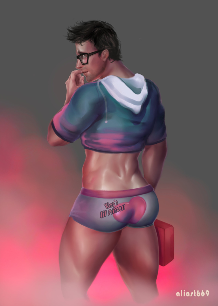 1boy absurdres aliast669 aqua_hoodie artist_name ass back bara black_hair boxer_briefs cropped_hoodie dead_by_daylight dwight_fairfield facial_hair first_aid_kit glasses grey_male_underwear heart heart_print highres holding hood hood_down hoodie looking_back male_focus male_underwear muscular muscular_male parted_lips short_hair solo thick_thighs thighs underwear