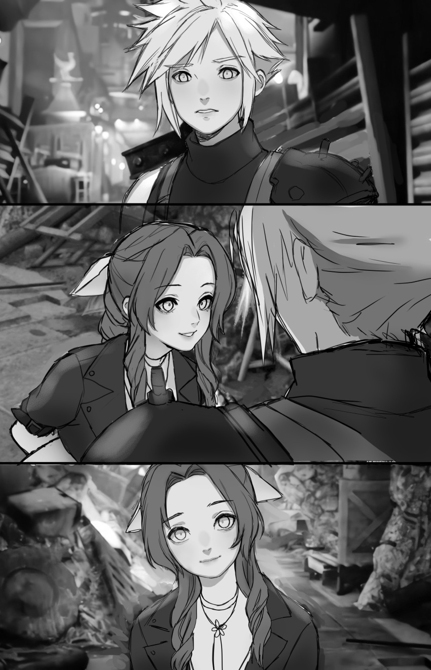 1boy 1girl absurdres aerith_gainsborough armor arms_behind_back asymmetrical_hair bangs braid braided_ponytail buster_sword choker cloud_strife cropped_jacket final_fantasy final_fantasy_vii final_fantasy_vii_remake flower_choker greyscale hair_ribbon highres leaning_forward looking_at_another looking_at_viewer mochee_bi monochrome multiple_views parted_bangs parted_lips ribbon short_sleeves shoulder_armor sidelocks sleeveless sleeveless_turtleneck smile spiked_hair suspenders turtleneck upper_body weapon weapon_on_back