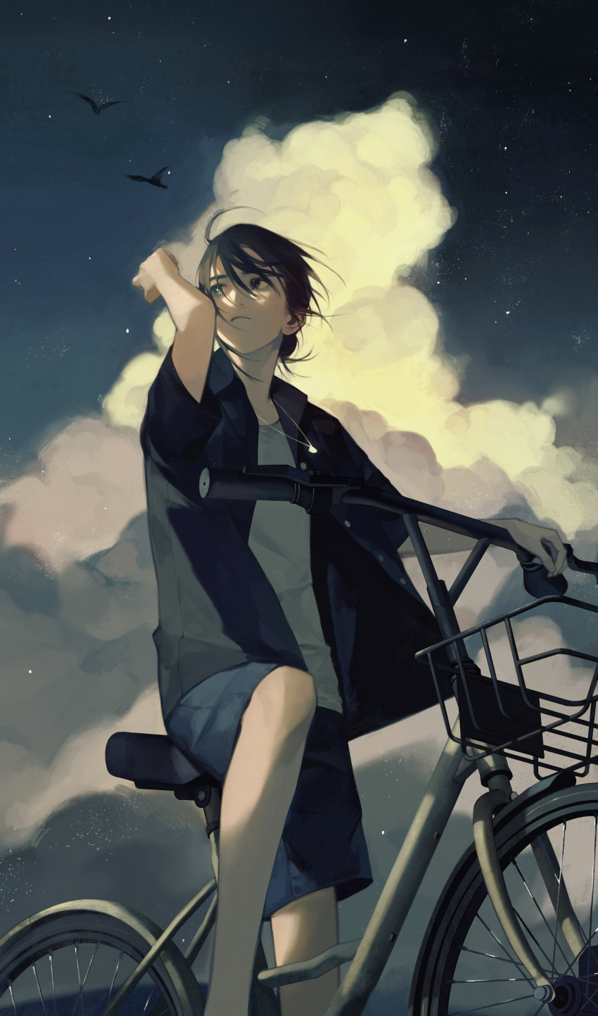1boy absurdres ajiro_shinpei bangs bicycle bird black_eyes black_hair black_shirt closed_mouth cloud commentary day ground_vehicle highres iotaectoplasm jewelry male_focus necklace open_clothes open_shirt outdoors riding_bicycle shell_necklace shirt shorts sky solo summertime_render white_shirt