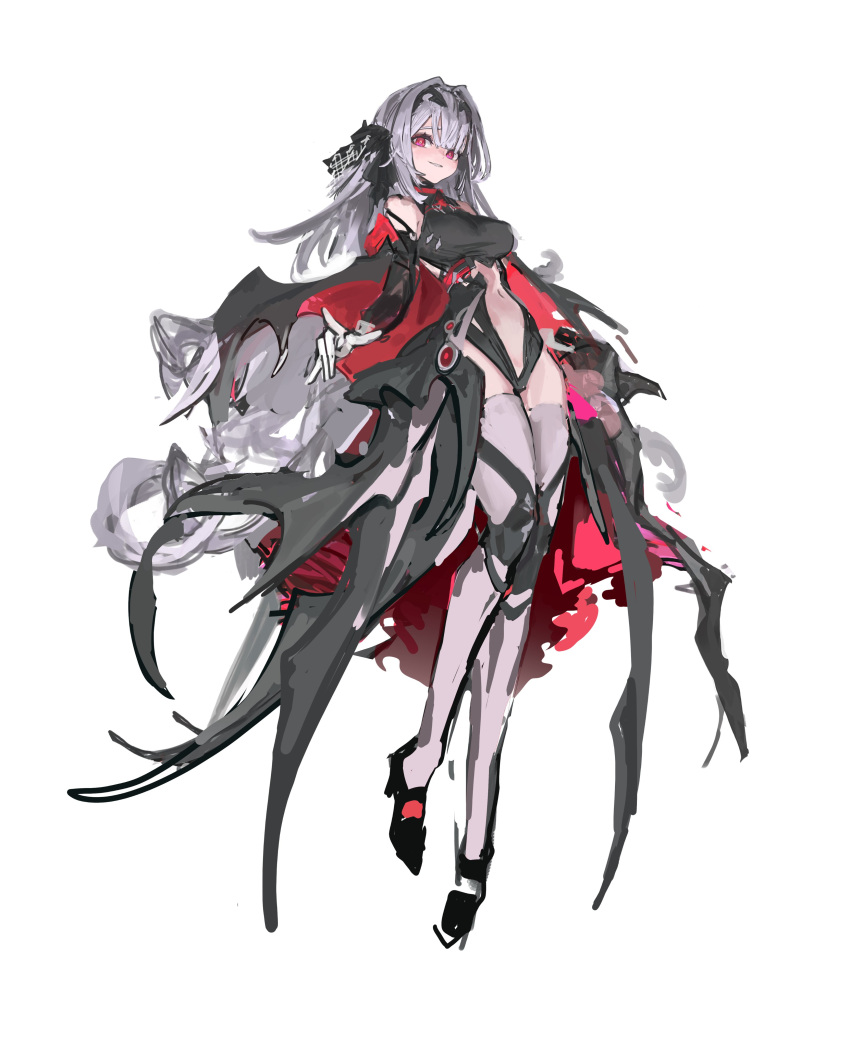 1girl absurdres black_cape black_footwear breasts cape cha_neung demon_girl elbow_gloves english_commentary full_body gloves grey_hair high_heels highres long_hair looking_at_viewer medium_breasts navel original red_eyes revealing_clothes simple_background smile thighhighs thighs unfinished vampire vampire_costume white_background white_gloves