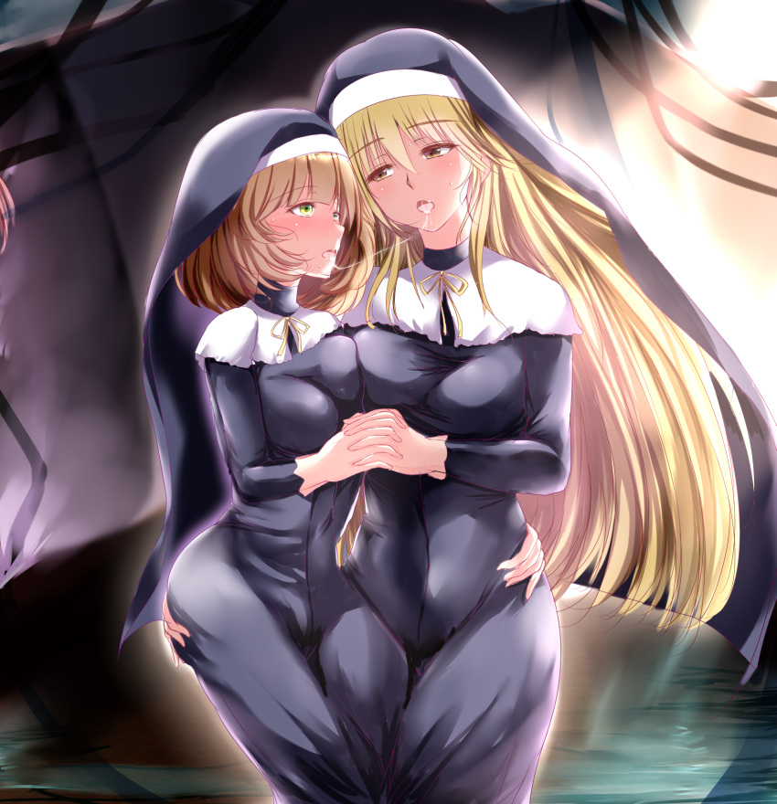 2girls after_kiss andrew_(duel_angel) bangs blonde_hair blush breast_press breasts brown_hair commentary duel_monster exosister_elis exosister_stella eyebrows_visible_through_hair eyes_visible_through_hair gloves green_eyes hand_on_another's_hip height_difference highres holding_hands large_breasts long_hair looking_at_another medium_breasts multiple_girls nun orange_eyes saliva saliva_trail symmetrical_docking white_gloves yu-gi-oh! yuri