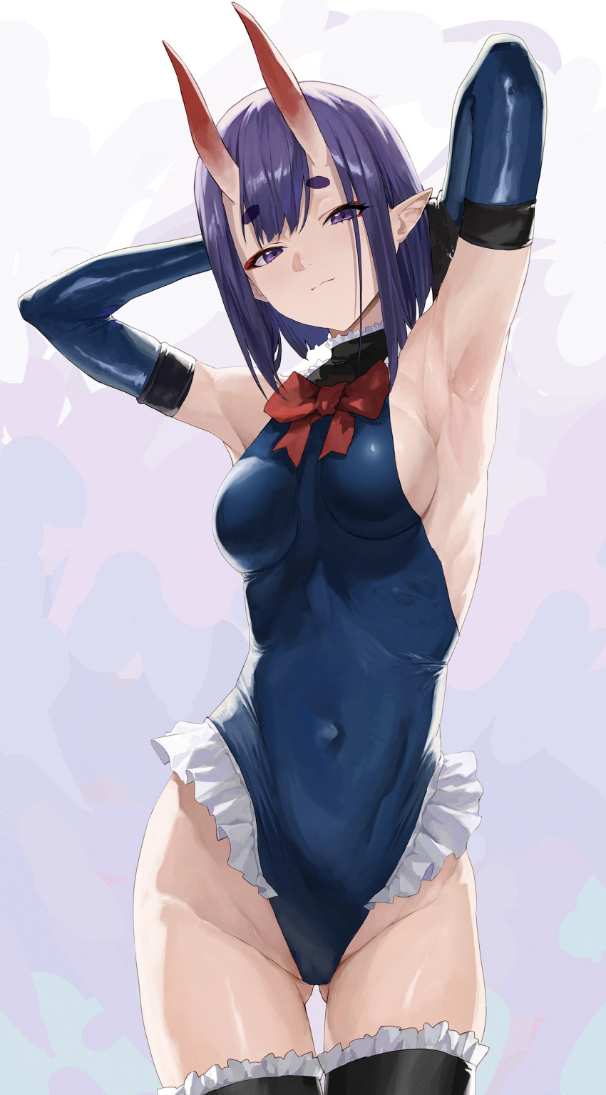 1girl absurdres armpits arms_behind_head arms_up bangs bare_shoulders black_legwear blue_gloves blue_swimsuit bob_cut bow breasts choker commission cosplay covered_navel cowboy_shot dead_or_alive elbow_gloves fate/grand_order fate_(series) frilled_choker frilled_legwear frilled_swimsuit frills gloves groin head_tilt highleg highleg_swimsuit highres horns light_smile looking_at_viewer marie_rose marie_rose_(cosplay) medium_breasts one-piece_swimsuit oni_horns pointy_ears purple_eyes purple_hair red_bow short_eyebrows short_hair shuten_douji_(fate) sideboob sidelocks simple_background skin-covered_horns skin_tight solo swimsuit taino_kou thighhighs thighs