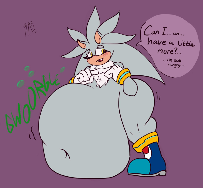 anthro belly big_belly blush digestion_noises hi_res male navel overweight overweight_male sega silver_the_hedgehog solo sonic_the_hedgehog_(series) speech_bubble zetamath