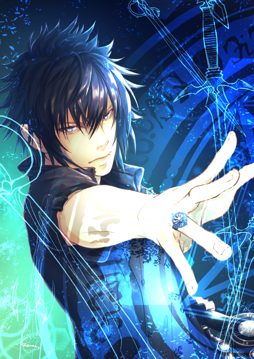 1boy black_gloves black_hair black_jacket blue_eyes casting_spell closed_mouth final_fantasy final_fantasy_xv fingerless_gloves fingernails gloves glowing hair_between_eyes highres holding holding_sword holding_weapon jacket jewelry light_particles magic magic_circle male_focus moriiiiiiiiiinn noctis_lucis_caelum open_clothes open_jacket ring signature single_glove solo sword weapon