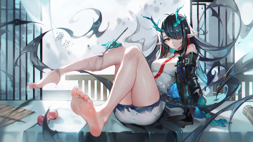 1girl arknights ass bare_shoulders barefoot black_hair breasts bukui_shi_wo calligraphy_brush colored_skin dusk_(arknights) hair_over_one_eye highres horns jacket long_hair looking_at_viewer multicolored_skin paintbrush red_eyes sitting solo very_long_hair