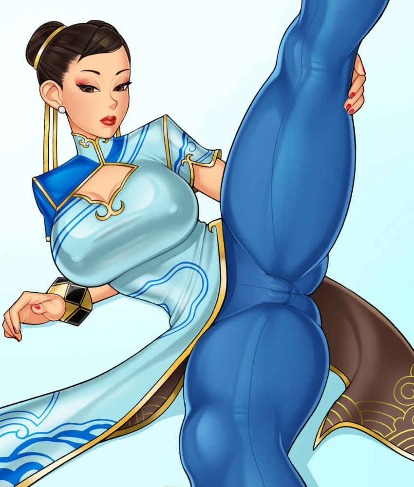 1girl ass_visible_through_thighs black_hair blue_pants bracelet breasts brown_eyes cameltoe chinese_clothes chun-li cleavage_cutout clothing_cutout covered_nipples double_bun earrings eyeshadow hair_bun hair_ribbon highres jewelry large_breasts leg_up loodncrood looking_at_viewer lying makeup on_side pants pearl_earrings red_lips ribbon solo street_fighter street_fighter_6 thick_thighs thighs tight tight_pants