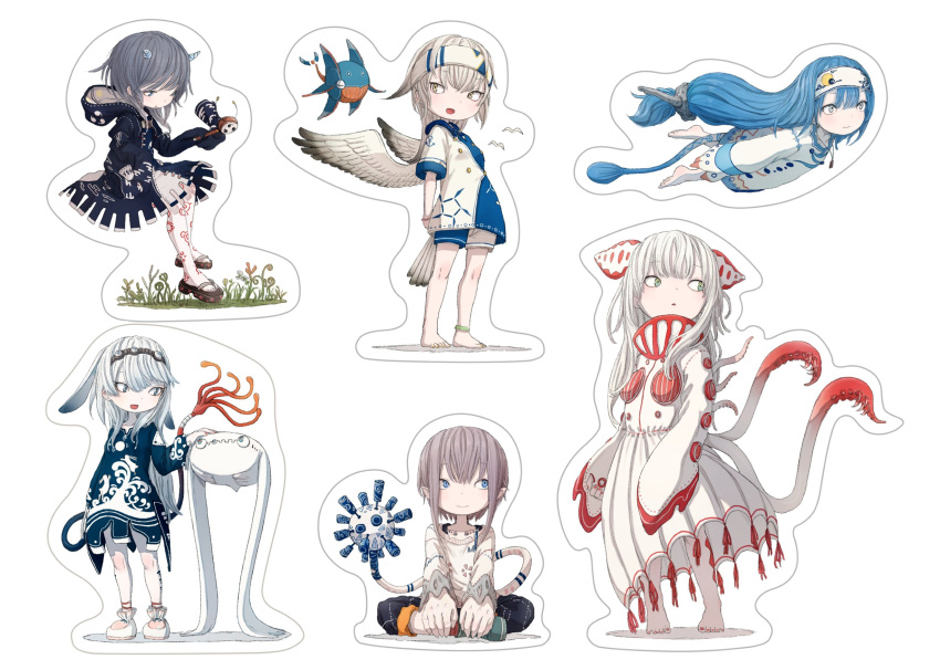 6+girls animal_ears anklet barefoot bird bird_tail black_dress blue_dress blue_eyes blue_hair body_markings bracelet breasts chibi creature den-den_daiko dress feathered_wings fish full_body geta green_eyes green_footwear grey_hair hand_up hands_on_own_leg headband high_collar highres holding holding_toy hood hood_down hooded_dress horns hukami_yusui invisible_chair jewelry kaidu_kutara kokorozi_karo large_hands long_hair long_sleeves looking_back low-tied_long_hair multiple_girls nail_polish original outline pants pantyhose petting plantar_flexion red_nails rokkaizan_meibi seagull shoes short_hair short_hair_with_long_locks short_sleeves shorts shunra_(yushika) sideways_glance simple_background sitting sleeves_past_fingers sleeves_past_wrists smile standing swimming tail tassel tentacles toenail_polish toenails toy two-tone_shirt two-tone_shorts two-tone_wings very_long_hair white_background white_hair white_wings wide_sleeves wings yumi_kozui yushika