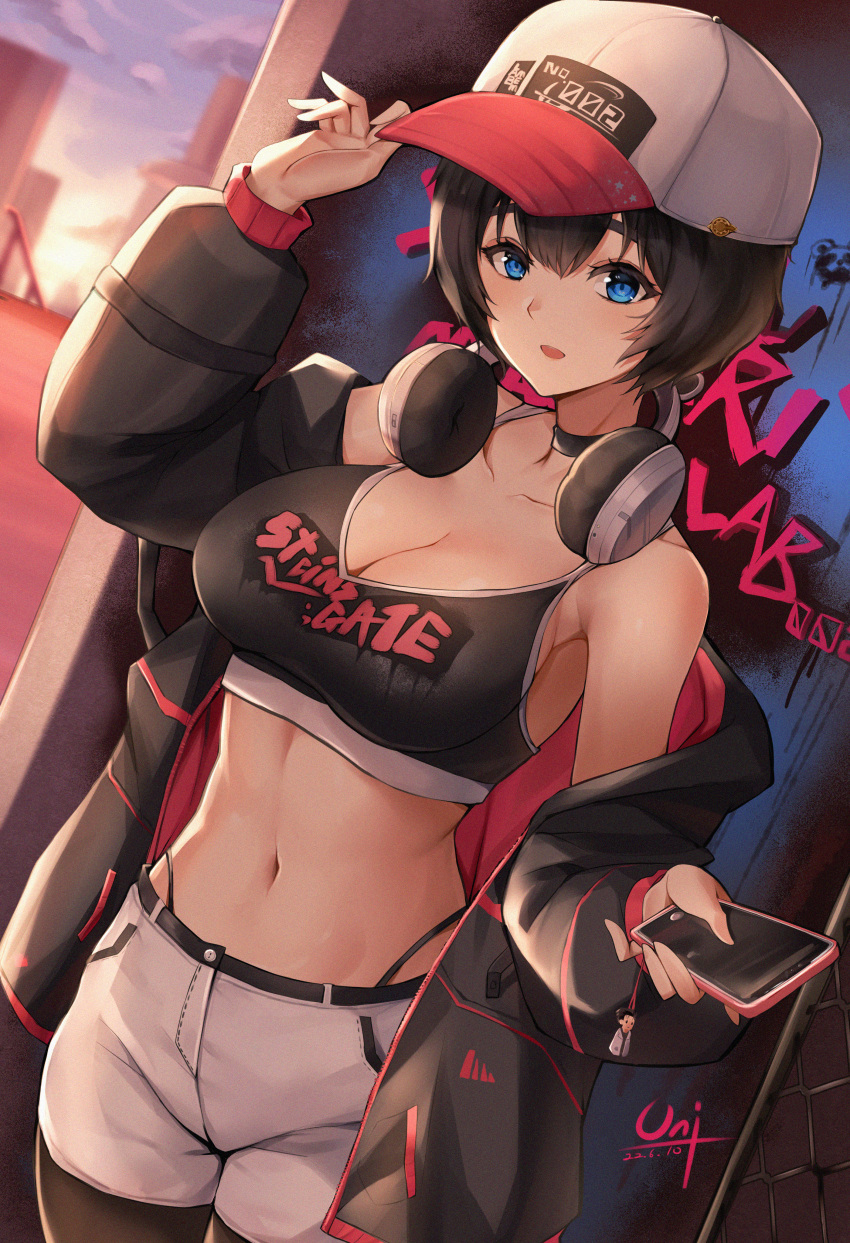 1girl absurdres alternate_costume bare_shoulders baseball_cap black_hair black_legwear black_shirt blue_eyes breasts casual chinese_clothes cleavage clothes_writing contemporary copyright_name crop_top hat headphones headphones_around_neck highres large_breasts looking_at_viewer midriff navel panty_straps pantyhose parted_lips print_shirt shiina_mayuri shirt short_shorts shorts sleeveless sleeveless_shirt solo sports_bra steins;gate stomach unique_(pixiv12704744) white_shorts