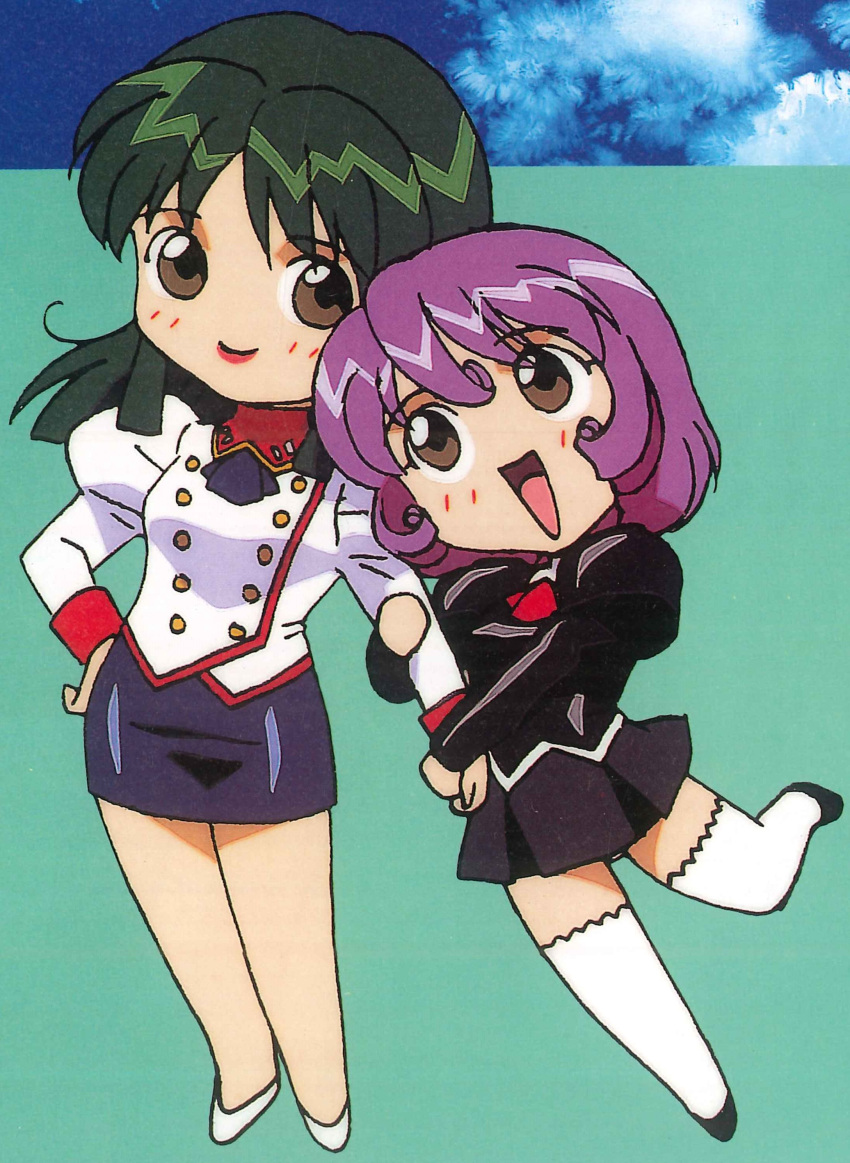 2girls absurdres agent_aika aika_(series) ascot black_ascot black_delmo black_delmo_leader black_jacket black_skirt blush bob_cut breasts brown_eyes buttons chibi delmo_commander delmogeny_uniform double-breasted green_hair highres jacket juliet_sleeves long_hair long_sleeves looking_at_viewer military military_uniform multiple_girls panties pencil_skirt pleated_skirt puffy_sleeves purple_hair red_ascot short_hair skirt smile standing thighhighs thighs underwear uniform white_delmo white_jacket white_legwear yamauchi_noriyasu