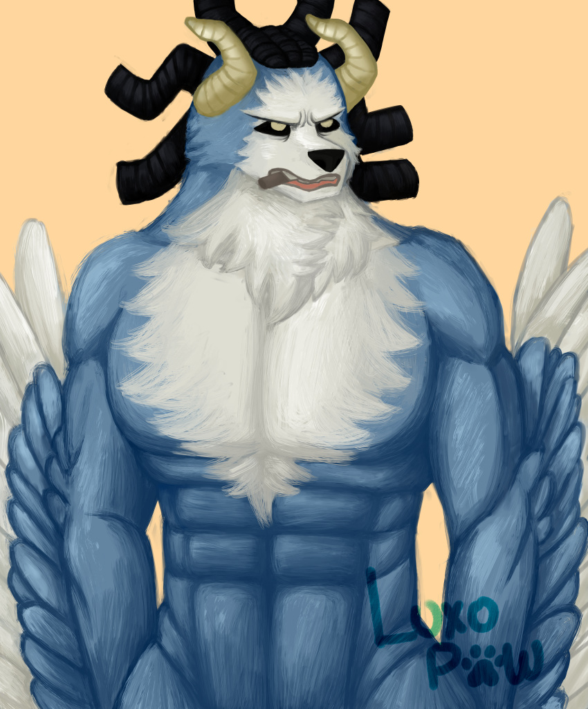 absurd_res anthro bara_tiddies canid canine canis chimera chojuro_kon dreadlocks hi_res horn luxoh male male/male mammal muscular solo tobacco wings wolf