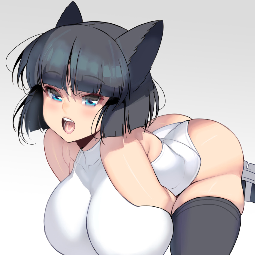 absolute_territory absurd_res all_fours animal_humanoid big_breasts big_butt black_clothing black_hair black_legwear black_thighhighs blue_eyes bob_cut breasts butt cat_ears_(disambiguation) catgirl clothing fangs female hair hi_res humanoid invalid_tag legwear leotard looking_at_viewer masao open_mouth short_hair solo thigh_highs white_clothing white_leotard