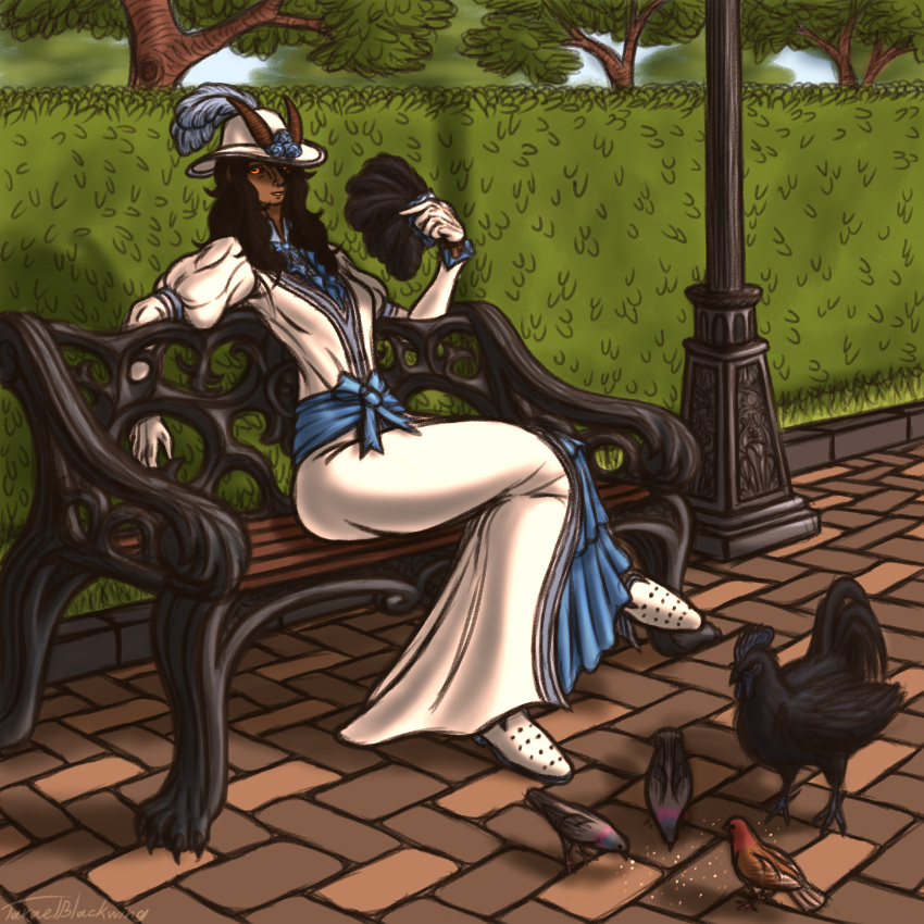 avian bench bird black_body black_feathers black_hair chicken clothed clothing columbid cracks crossed_legs deity demon demon_humanoid dress feathers female feral galliform gallus_(genus) gloves glowing glowing_eyes group hair handwear hat hat_feather headgear headwear hedge hi_res holding_fan horizontal_pupils horn humanoid lesoroga_(taraelblackwing) looking_at_viewer loose_feather male orange_eyes pavement phasianid pigeon plant pupils sitting standing street_lamp tan_body tan_skin taraelblackwing tree white_clothing white_dress white_hat white_headwear