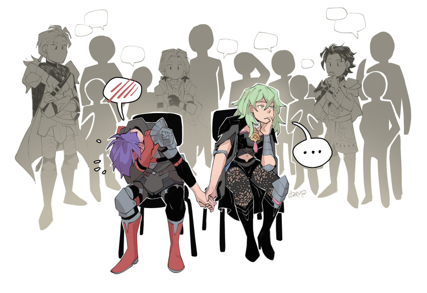 ... 2girls 3boys absurdres arm_guards armor blank_speech_bubble boots byleth_(fire_emblem) byleth_(fire_emblem)_(female) claude_von_riegan covering_face dar-draws dimitri_alexandre_blaiddyd edelgard_von_hresvelg fire_emblem fire_emblem:_three_houses fire_emblem_warriors:_three_hopes green_hair high_heels highres holding_hands meme monochrome_background multiple_boys multiple_girls photo-referenced purple_hair shez_(fire_emblem) shez_(fire_emblem)_(male) shoulder_armor silhouette speech_bubble spoken_blush spoken_ellipsis