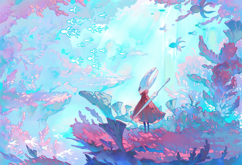 1girl arthropod_girl chinese_commentary cloak commentary_request coral coral_reef feisekong286 fish highres hollow_knight hornet_(hollow_knight) horns light_rays needle_(hollow_knight) red_cloak scenery solo standing underwater weapon weapon_on_back wide_shot
