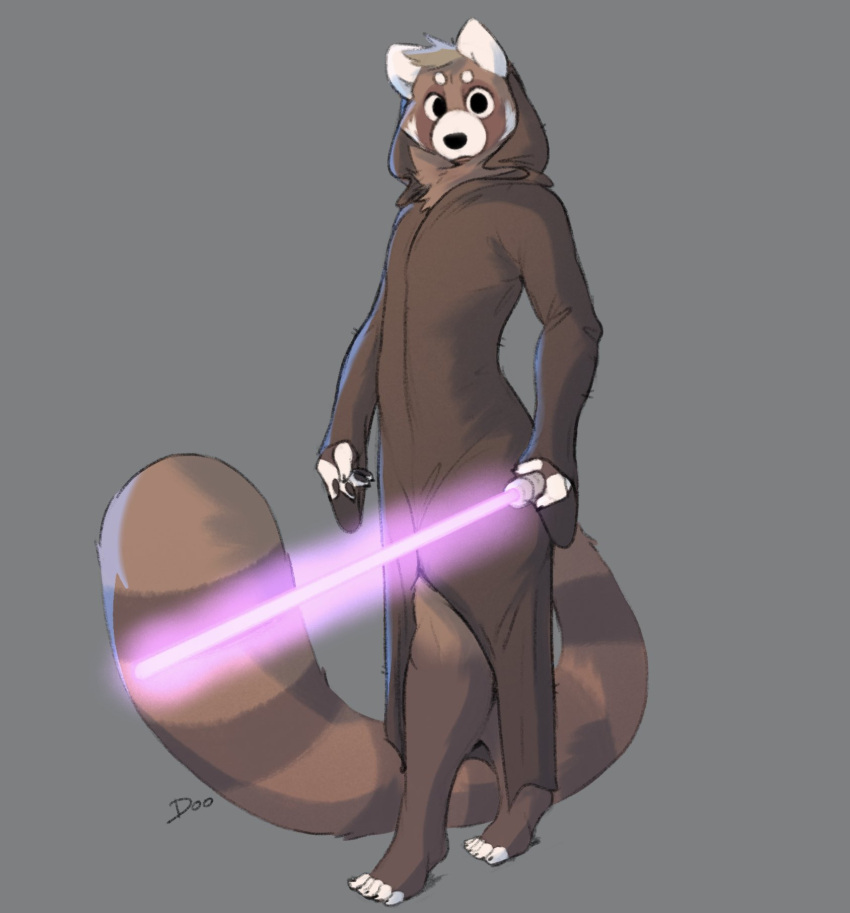 ailurid anthro barefoot blonde_hair brown_body brown_fur clothing feet fur hair hi_res lightsaber looking_at_viewer male mammal markings melee_weapon minedoo minedoo_(character) mostly_nude multicolored_body multicolored_fur red_panda robe robe_only simple_background solo star_wars striped_markings striped_tail stripes tail_markings two_tone_body two_tone_fur weapon