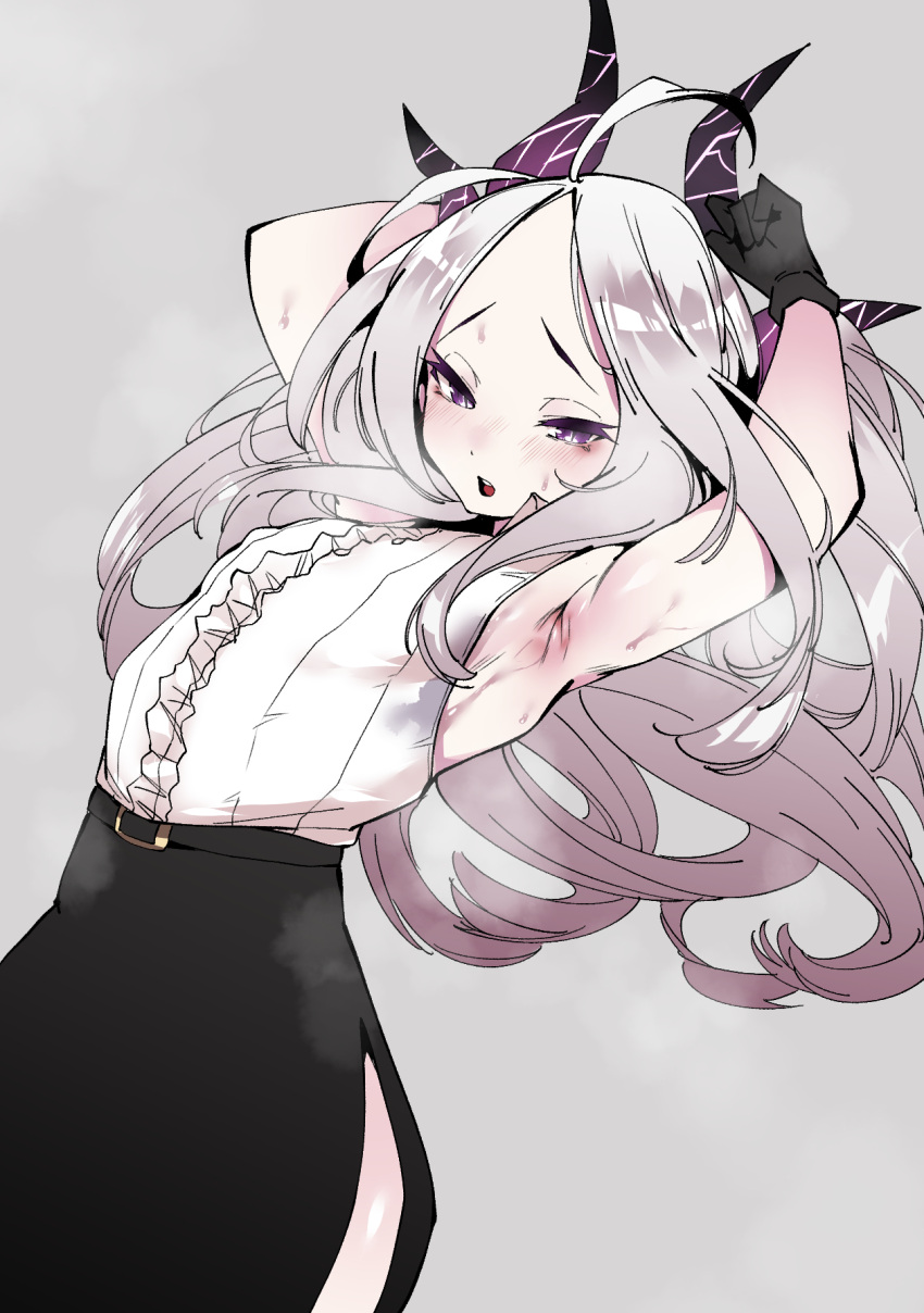 1girl ahoge armpits arms_up black_gloves blue_archive blush flat_chest gloves grey_background grey_hair highres hina_(blue_archive) horns kobo_(cobo_0609) long_hair open_mouth pencil_skirt purple_eyes simple_background skirt solo teeth