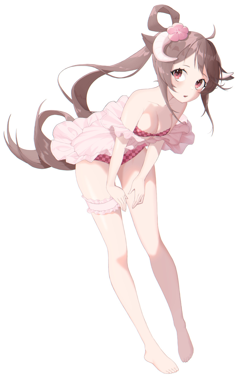 1girl absurdres animal_ears arknights bare_legs bare_shoulders barefoot bikini blush breasts brown_hair checkered_bikini checkered_clothes cleavage collarbone eyjafjalla_(arknights) eyjafjalla_(summer_flowers)_(arknights) flower full_body hair_flower hair_ornament highres horns leaning_forward leg_garter long_hair looking_at_viewer medium_breasts official_alternate_costume open_mouth pink_flower ponytail red_bikini red_eyes sayun_(5_to_16_) sheep_ears sheep_girl sheep_horns solo standing strapless strapless_bikini swimsuit swimsuit_cover-up very_long_hair