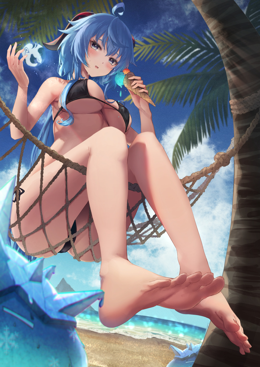 1girl absurdres ahoge alternate_eye_color anemone_noa barefoot beach bikini black_bikini blue_hair blue_sky blush breasts cloud cryokinesis day feet food from_below full_body ganyu_(genshin_impact) genshin_impact goat_horns grey_eyes hammock hands_up highres holding holding_food horns ice ice_cream ice_cream_cone large_breasts long_hair looking_at_viewer looking_down open_hand outdoors palm_tree parted_lips rope sand side-tie_bikini sitting sky slime_(genshin_impact) soles solo_focus sweat swimsuit thighs toes tree underboob very_long_hair