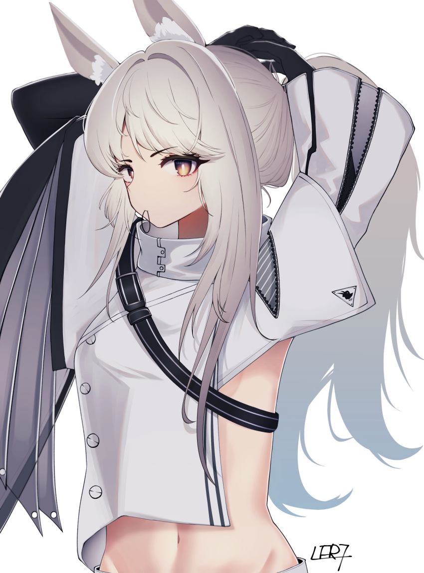 1girl absurdres animal_ear_fluff animal_ears arknights black_gloves bright_pupils brown_eyes eyebrows_visible_through_hair gloves grey_hair hair_tie highres horse_ears l_eri long_hair long_sleeves looking_at_viewer midriff mouth_hold navel platinum_(arknights) pointy_ears ponytail revealing_clothes shoulder_strap sidelocks signature simple_background solo tying_hair upper_body v-shaped_eyebrows very_long_hair white_background wide_sleeves