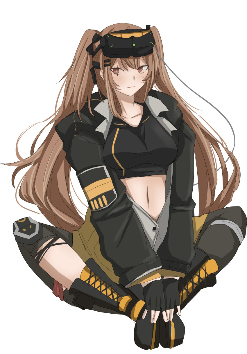 1girl :3 absurdres black_bow black_bra black_gloves black_jacket black_legwear boots bow bra breasts brown_eyes brown_hair collared_shirt cross-laced_footwear eyebrows_visible_through_hair fingerless_gloves girls'_frontline gloves hair_bow hair_ornament hairclip highres jacket knee_pads large_breasts long_hair mesuosushi_psd navel night_vision_device open_clothes open_shirt pantyhose scar scar_across_eye shirt simple_background single_knee_pad single_leg_pantyhose solo sports_bra twintails ump9_(girls'_frontline) underwear white_shirt