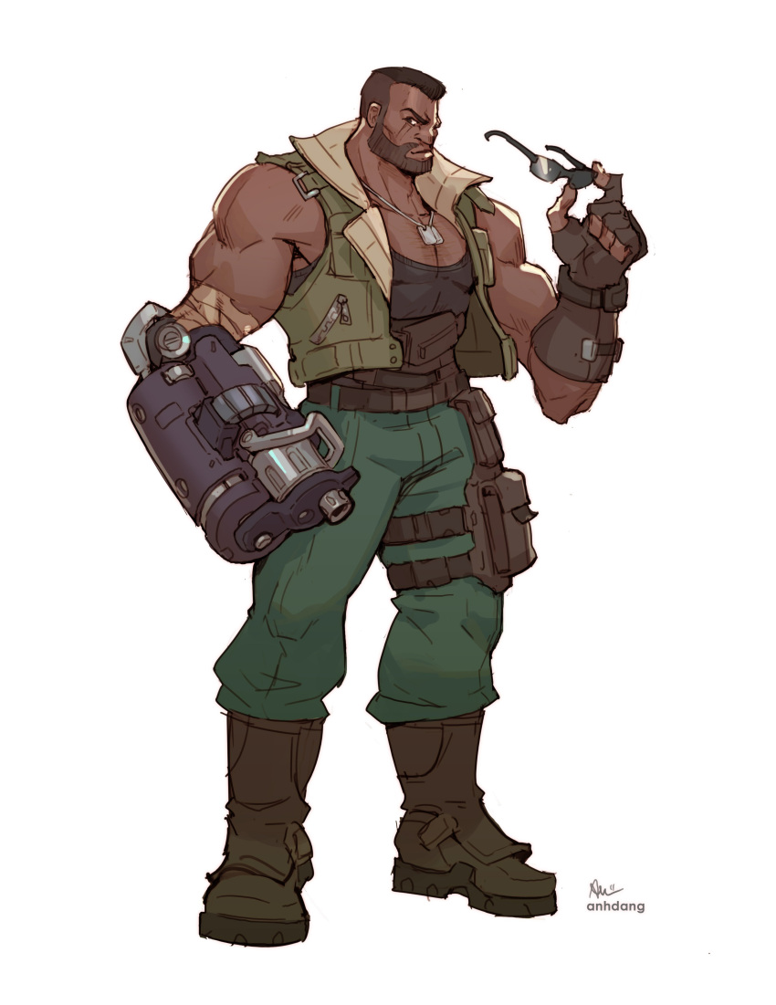1boy absurdres anhdang artist_name bandaged_arm bandages barret_wallace beard belt black_shirt boots brown_eyes collarbone dark-skinned_male dark_skin dog_tags facial_hair final_fantasy final_fantasy_vii final_fantasy_vii_remake fingerless_gloves full_body gloves green_pants green_vest gun highres holding holding_eyewear holster looking_at_viewer male_focus muscular muscular_male pants pectorals prosthesis scar scar_across_eye shirt short_hair solo standing sunglasses thigh_holster very_short_hair vest weapon white_background