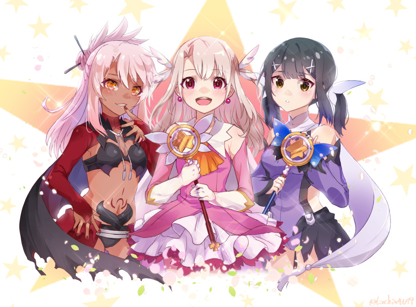 3girls absurdres bangs black_hair blush breasts brown_eyes chloe_von_einzbern dark-skinned_female dark_skin fate/kaleid_liner_prisma_illya fate_(series) feather_hair_ornament feathers hair_ornament hairclip highres illyasviel_von_einzbern kachin layered_gloves long_hair long_sleeves looking_at_viewer magical_ruby magical_sapphire miyu_edelfelt multiple_girls open_mouth orange_eyes pink_hair prisma_illya red_eyes small_breasts smile stomach_tattoo tattoo twintails wand white_hair