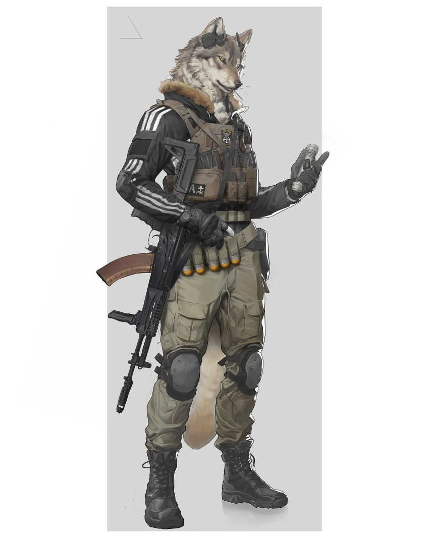 absurd_res anthro assault_rifle boots canid canine canis clothed clothing footwear gloves gun handwear headphones hi_res knee_pads male mammal military pipe_bomb plantigrade ranged_weapon rifle simple_background solo standing weapon white_background wolf yoshi.kaoru