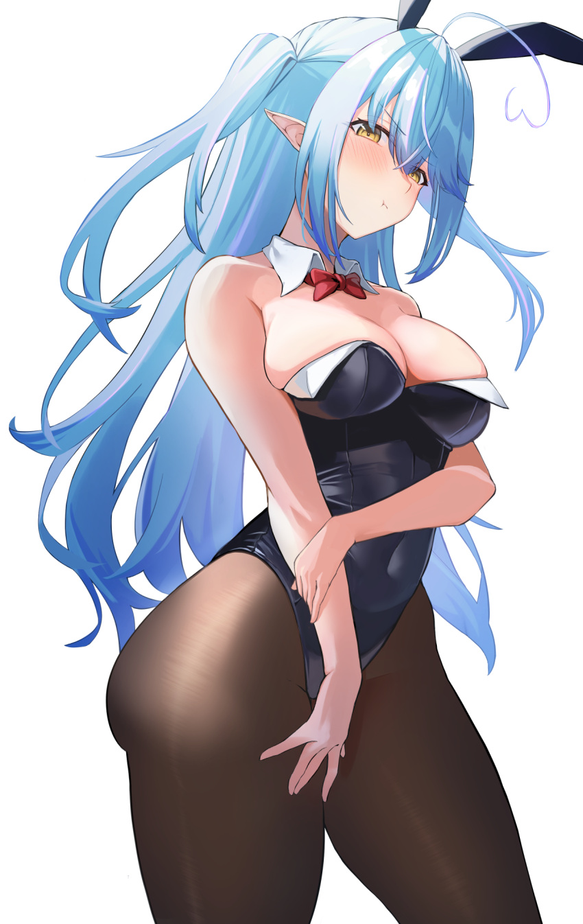 1girl :t ahoge alternate_costume bare_arms bare_shoulders black_leotard blue_hair blush bow bowtie breasts brown_legwear cleavage contrapposto covered_navel covering covering_crotch detached_collar embarrassed eyebrows_visible_through_hair heart heart_ahoge highres holding_own_arm hololive large_breasts leotard leotard_pull long_hair pantyhose playboy_bunny pointy_ears pout rabbit_tail red_bow red_bowtie shinroji side_ponytail sidelocks simple_background skindentation solo tail v-shaped_eyebrows virtual_youtuber wavy_hair white_background yellow_eyes yukihana_lamy