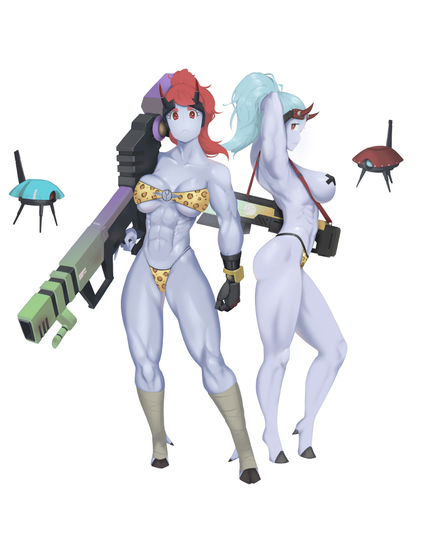 2girls 3finger_hand abs absurdres alien animal_print armpits back-to-back bare_shoulders beam_rifle biceps bikini blue_hair blue_skin breasts colored_skin covered_nipples drone energy_gun fake_horns fewer_digits full_body gun hand_in_own_hair highleg highleg_bikini highres holding holding_gun holding_weapon hooves horns huge_weapon large_breasts leopard_print mechanical_hands multi-strapped_bikini multiple_girls muscular muscular_female no_nose o-ring o-ring_top pasties perky_breasts ponytail print_bikini red_eyes red_hair robot_jones_(artist) shoulder_strap sideboob single_mechanical_hand strap swimsuit t'au tau_drone thick_eyebrows thick_thighs thighs topless trigger_discipline underboob warhammer_40k weapon