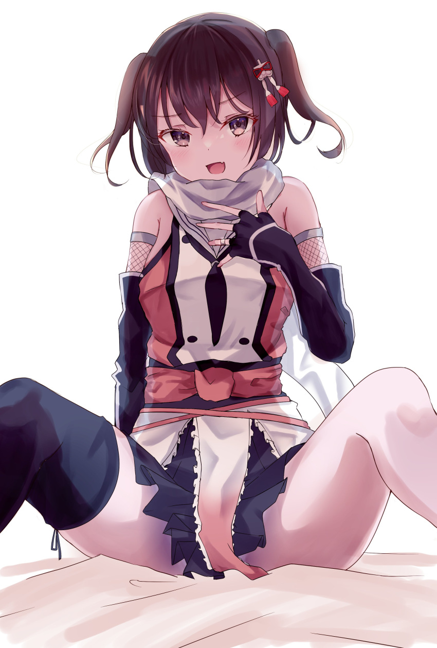 1girl absurdres black_gloves black_hair black_legwear black_neckerchief brown_eyes buttons calin commentary_request double-breasted elbow_gloves fang fingerless_gloves gloves hair_ornament highres jewelry kantai_collection kneehighs looking_at_viewer neckerchief ring scarf school_uniform sendai_(kancolle) sendai_kai_ni_(kancolle) serafuku short_hair simple_background single_kneehigh single_thighhigh sitting skin_fang solo spread_legs thighhighs two_side_up unfinished upper_body wedding_band white_background white_scarf