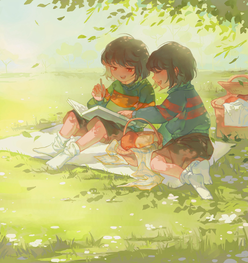 2others androgynous apple bangs basket blanket blue_sweater brown_hair brown_shorts chara_(undertale) child chinese_commentary closed_eyes commentary_request day feisekong286 food frisk_(undertale) fruit full_body grass green_sweater highres holding holding_notebook holding_pen leaf long_sleeves multiple_others notebook open_mouth outdoors pen picnic picnic_basket red_eyes short_hair shorts sitting smile socks sweater turtleneck turtleneck_sweater undertale white_legwear yokozuwari
