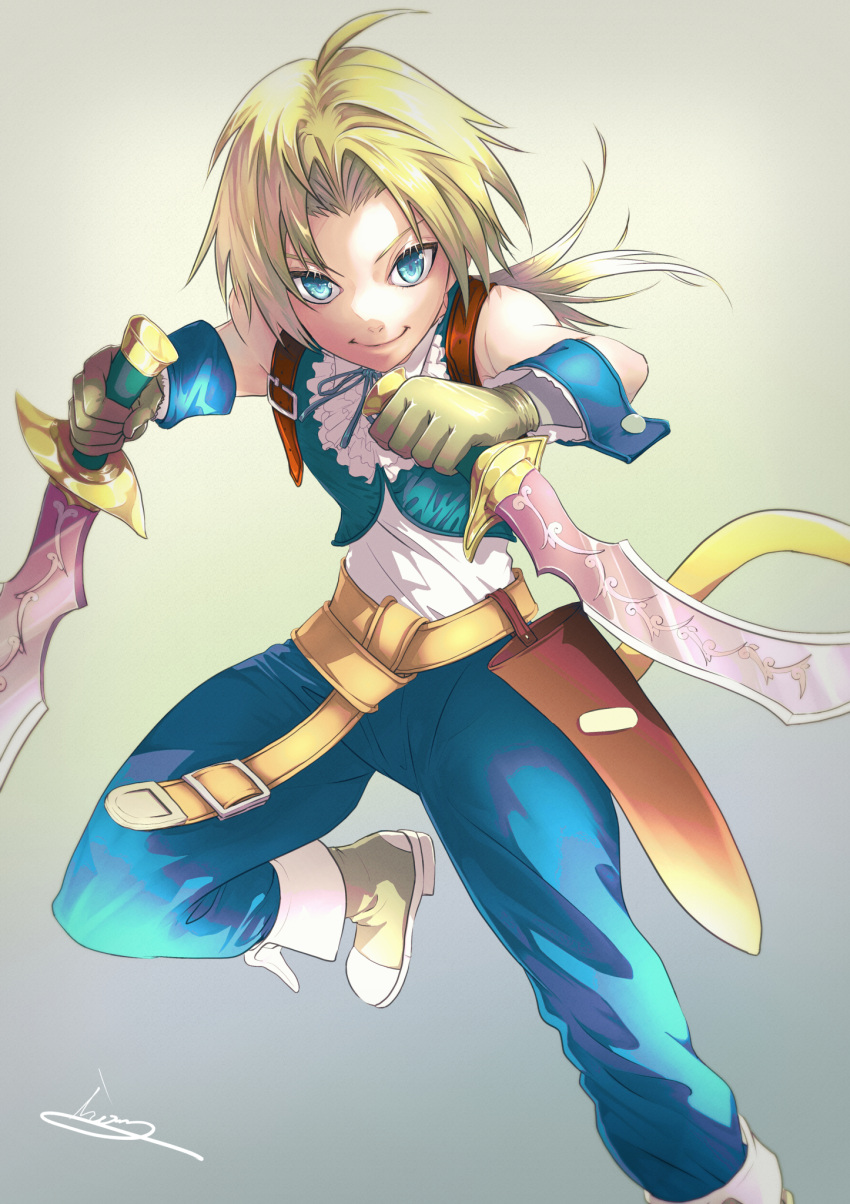 1boy bangs belt blonde_hair blue_eyes blue_pants blue_vest boots dagger dual_wielding fighting_stance final_fantasy final_fantasy_ix frilled_shirt_collar frills gloves grey_background highres holding holding_dagger holding_weapon knife low_ponytail medium_hair monkey_tail moriiiiiiiiiinn neck_ribbon pants parted_bangs ribbon sheath shirt sleeveless sleeveless_shirt smile solo tail upper_body vest weapon white_shirt wrist_cuffs zidane_tribal