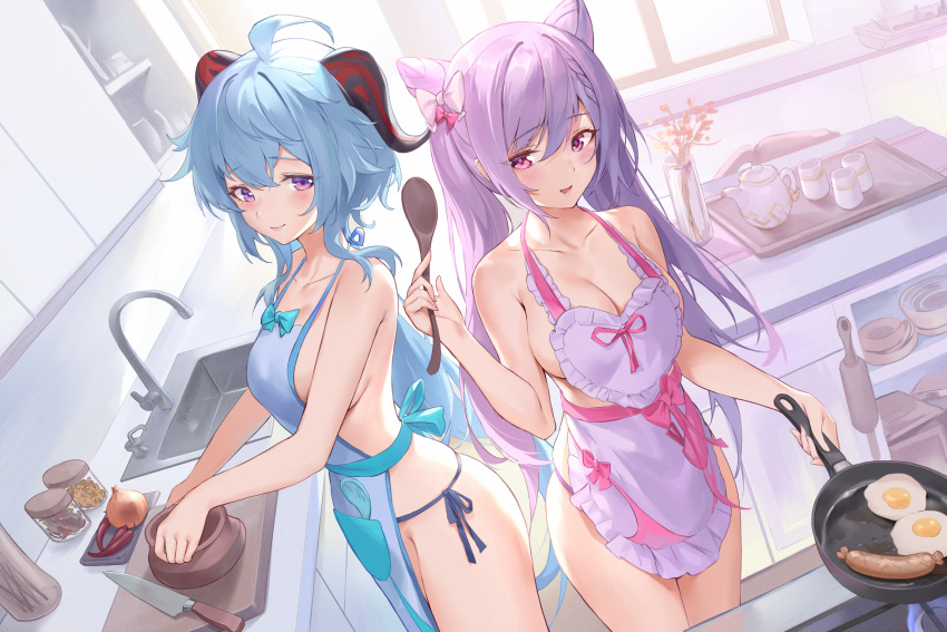 2girls ahoge alternate_breast_size alternate_costume apron bare_arms bare_shoulders blue_hair breasts cleavage collarbone cone_hair_bun egg_(food) frilled_apron frills frying_pan ganyu_(genshin_impact) genshin_impact goat_horns hair_bun halterneck highres holding horns hot_dog keqing_(genshin_impact) kitchen large_breasts long_hair looking_at_viewer multiple_girls naked_apron open_mouth pdxen pink_eyes purple_eyes purple_hair side-tie_peek skindentation smile thighs twintails very_long_hair